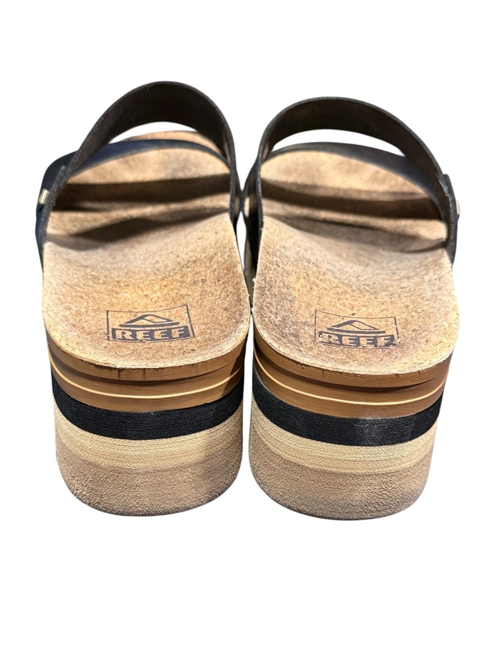 Reef Cushion Vista Higher Sandals Size 9 Black Tan Vegan Leather Platform Chunky - Picture 4 of 8